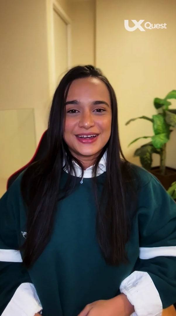 Isabella Correia - Product Designer na Esfera, ex-aluna da UX Quest compartilhando seu depoimento sobre o curso de UX/UI Design