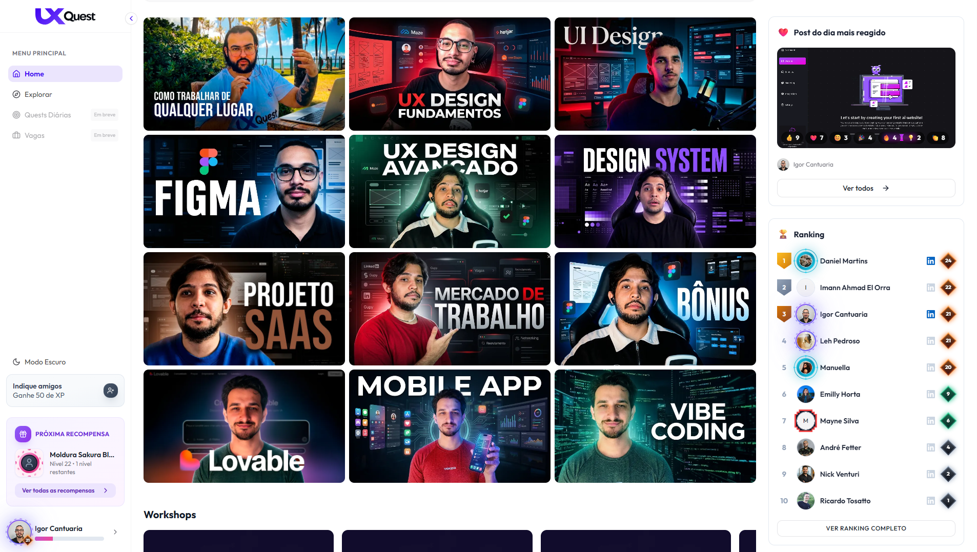 Grade completa de cursos de UX/UI Design da UX Quest: UX Design Fundamentos, UX Design Avançado, UI Design, Figma, Design System, Projeto Final e Mercado de Trabalho